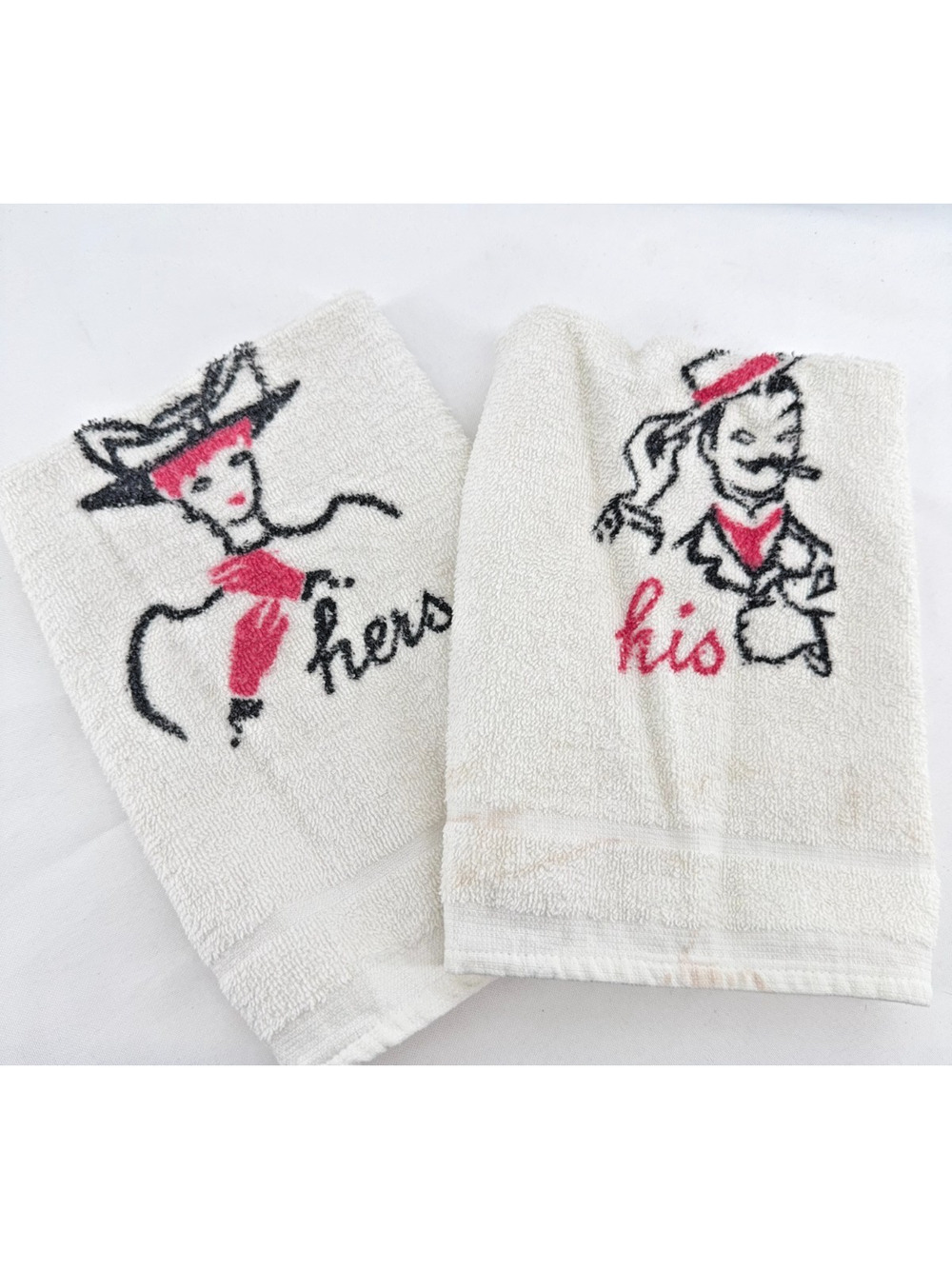 Vintage His Her Hand Towels Mid Century Bathroom Set Dundee USA Cotton